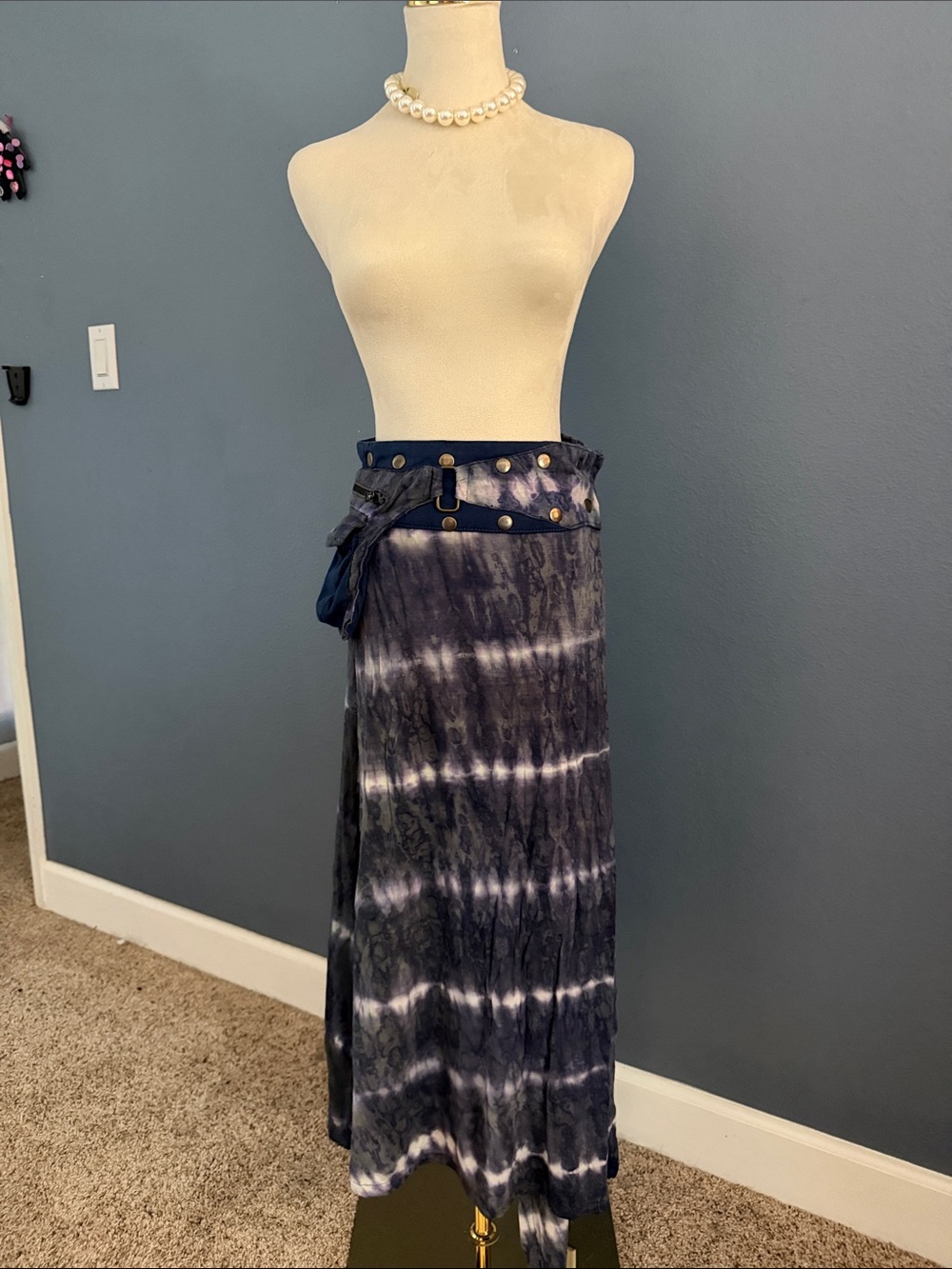 Jayli Purple Blue Tie-Dye Maxi Skirt with Button & Zipper Detail